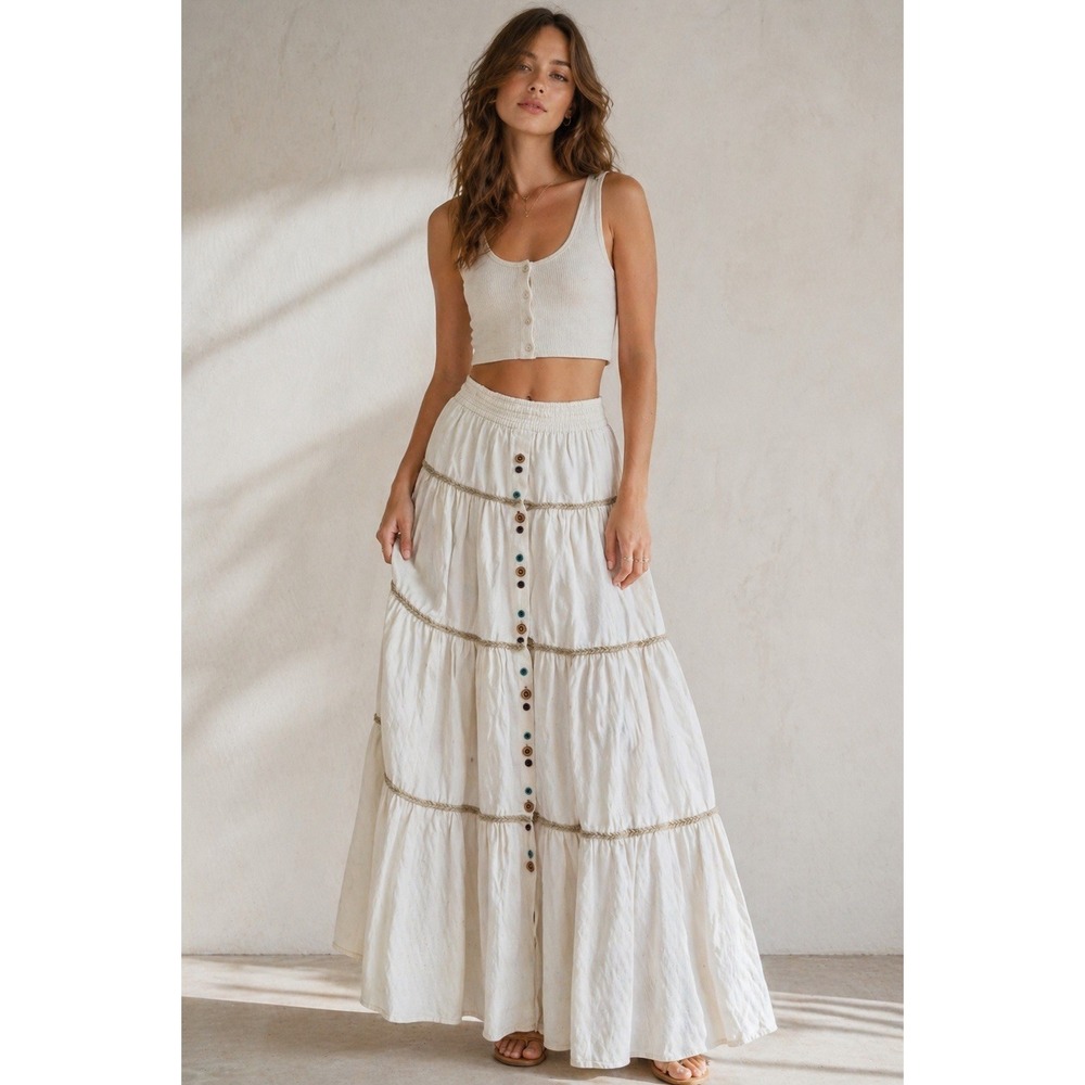Cache Boho Maxi Skirt Button  Sz 10 Festival Fair Country Western Beachy Cowgirl